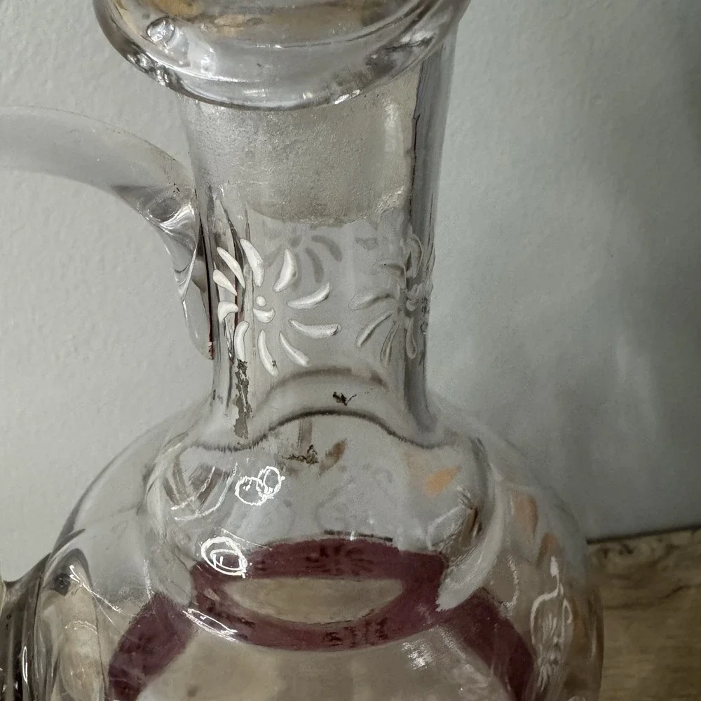 Vintage Clear Glass‎ Decanter Hand Painted Floral Jug Ewer Enamel Stopper MCM
